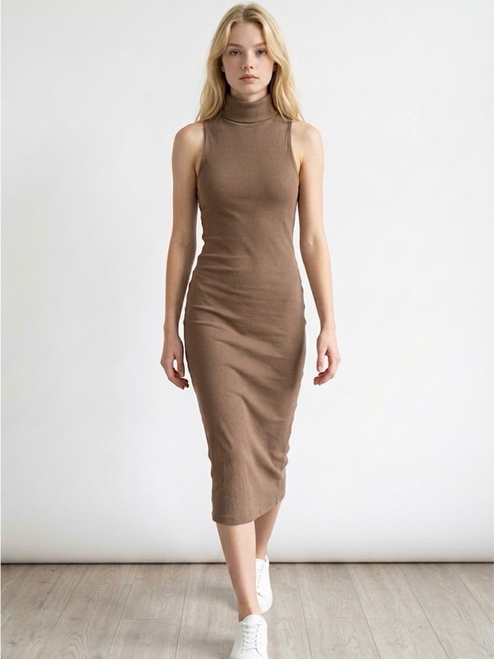 Zara Sleeveless Turtleneck Midi Dress in Brown